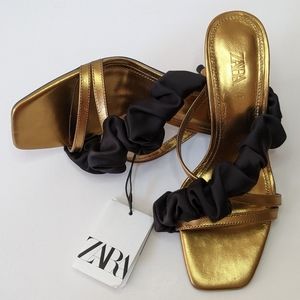Gold & black strappy leather heels, sz 7.5 / 38. Zara Blue Collection
